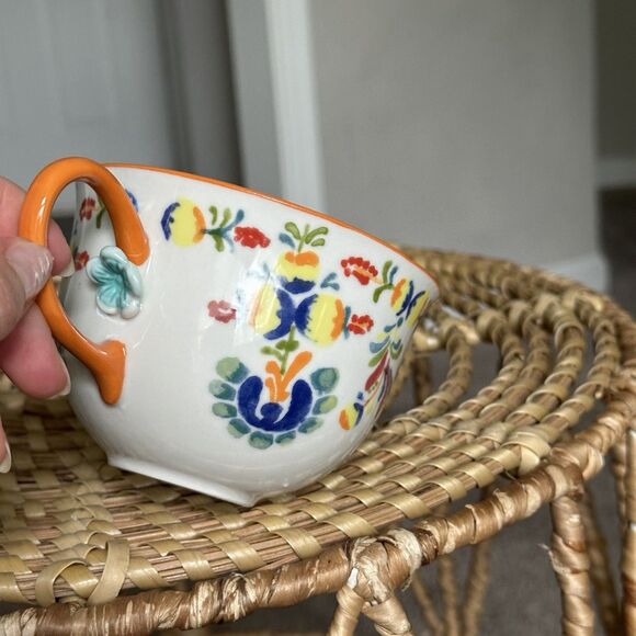 Anthropologie Cadiz Floral Mug With Orange Handle And Blue Flower - Picture 3 of 12
